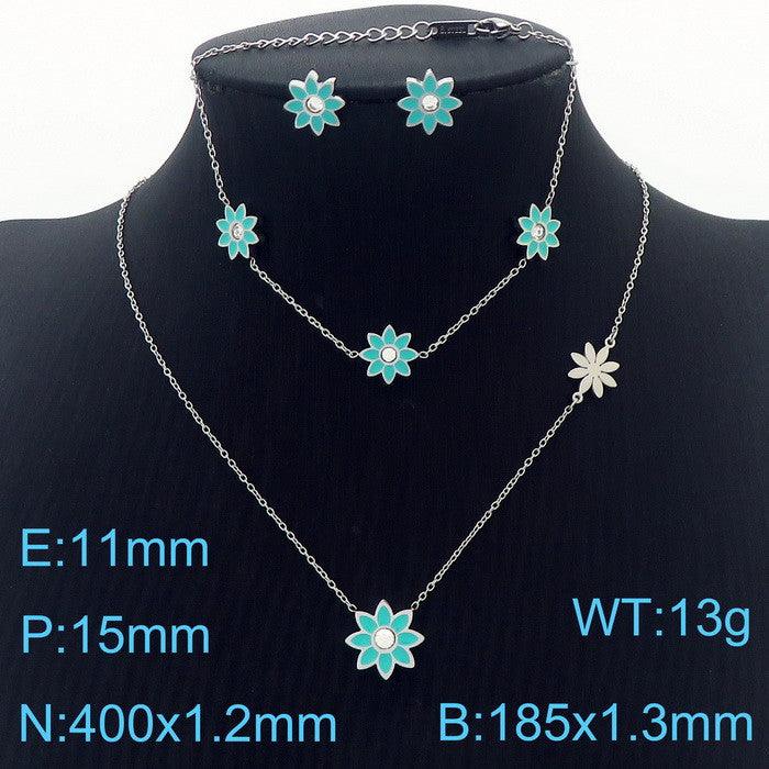 Stainless Steel Flower Zircon Enamel Stub Earrings Pendant Necklace Bracelet Set - kalen