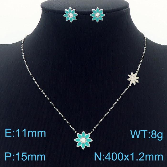 Stainless Steel Flower Zircon Enamel Stub Earrings Pendant Necklace Bracelet Set - kalen