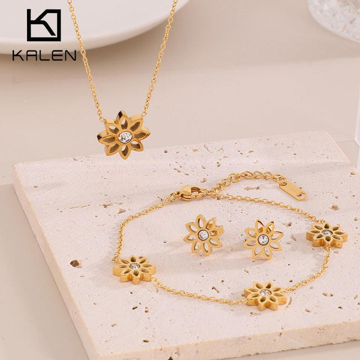 Stainless Steel Flower Zircon Stub Earrings Necklace Bracelet Set - kalen