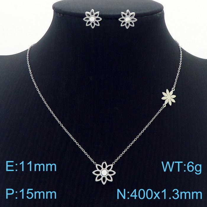 Stainless Steel Flower Zircon Stub Earrings Necklace Bracelet Set - kalen