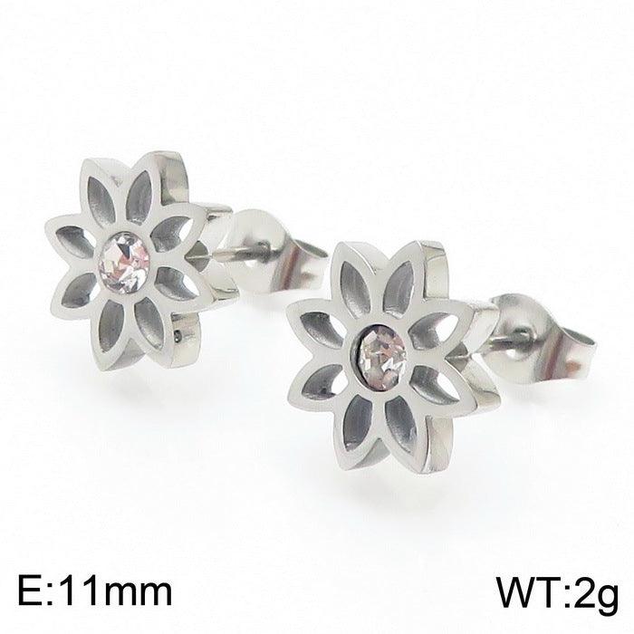 Stainless Steel Flower Zircon Stub Earrings Necklace Bracelet Set - kalen