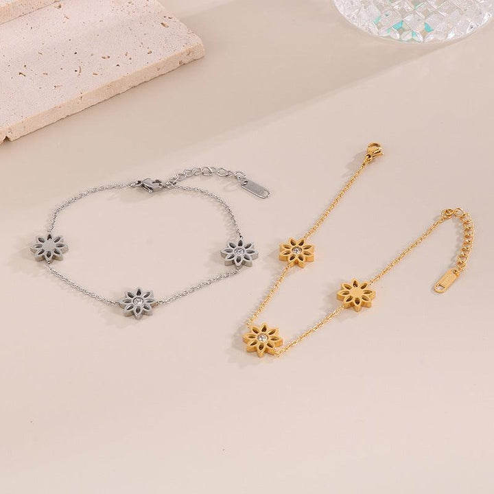 Stainless Steel Flower Zircon Stub Earrings Necklace Bracelet Set - kalen