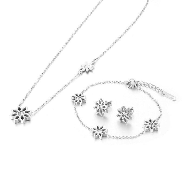 Stainless Steel Flower Zircon Stub Earrings Necklace Bracelet Set - kalen