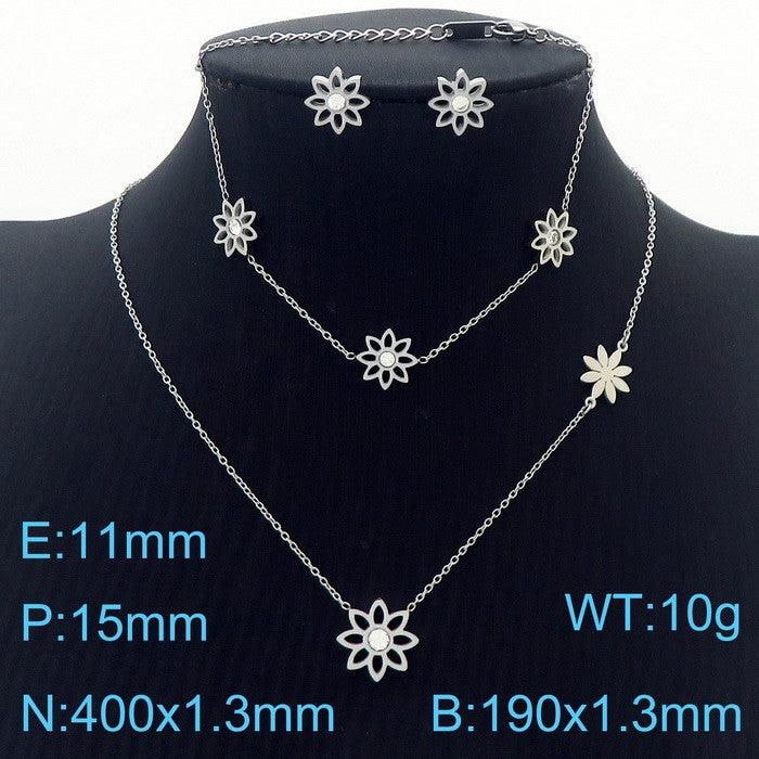 Stainless Steel Flower Zircon Stub Earrings Necklace Bracelet Set - kalen