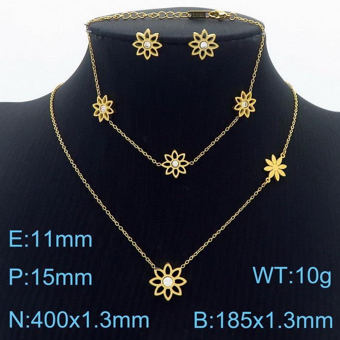 Stainless Steel Flower Zircon Stub Earrings Necklace Bracelet Set - kalen