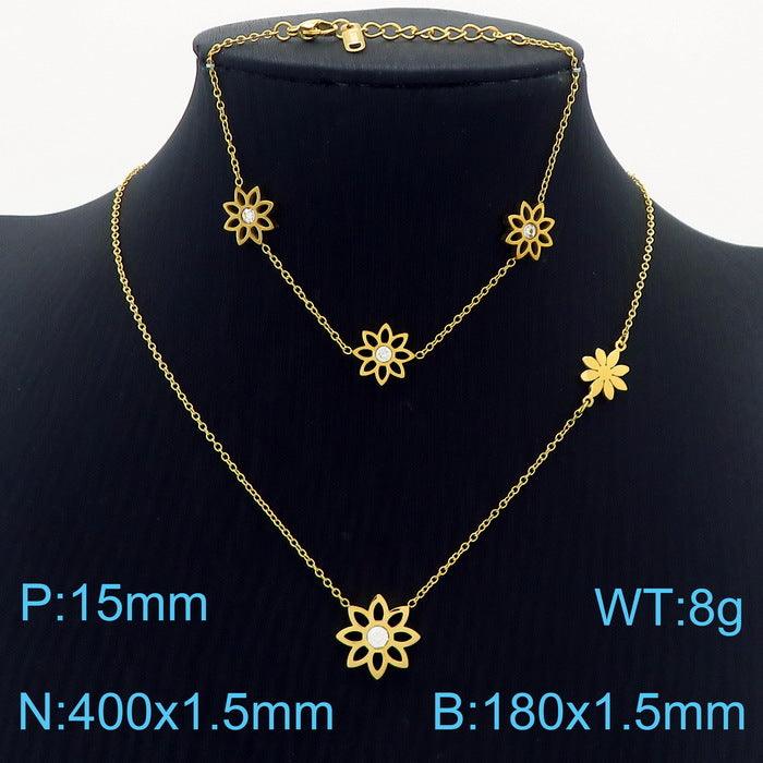 Stainless Steel Flower Zircon Stub Earrings Necklace Bracelet Set - kalen