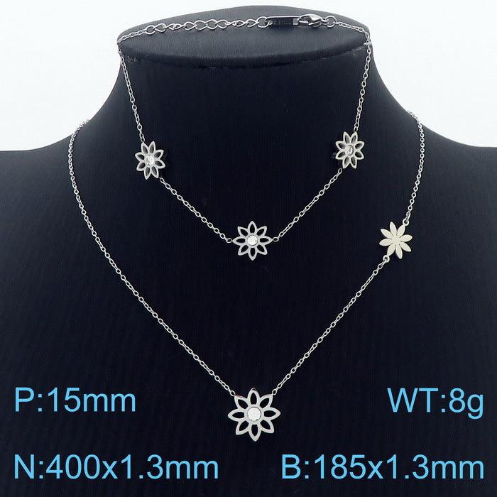 Stainless Steel Flower Zircon Stub Earrings Necklace Bracelet Set - kalen