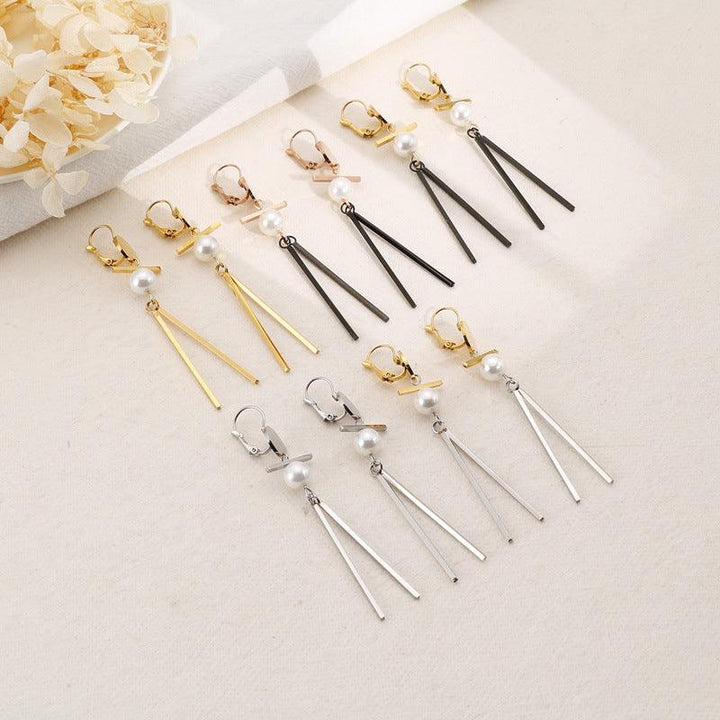 Stainless Steel Geometry Tassel Pearl Drop Earrings - kalen