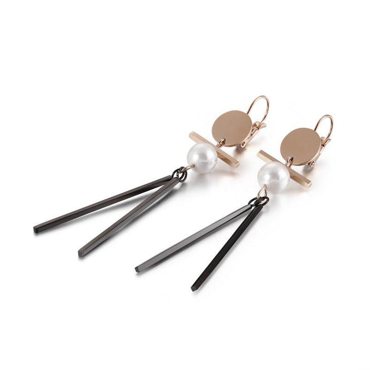 Stainless Steel Geometry Tassel Pearl Drop Earrings - kalen