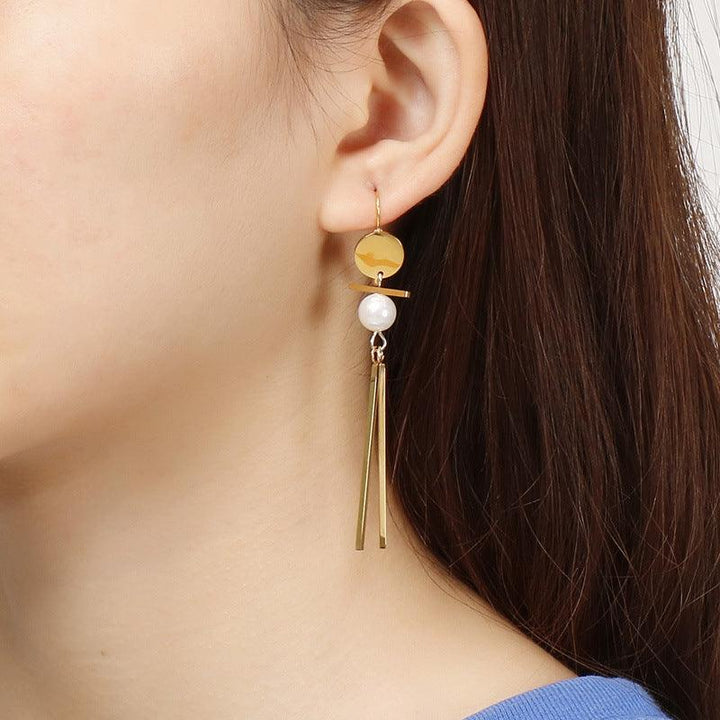 Stainless Steel Geometry Tassel Pearl Drop Earrings - kalen