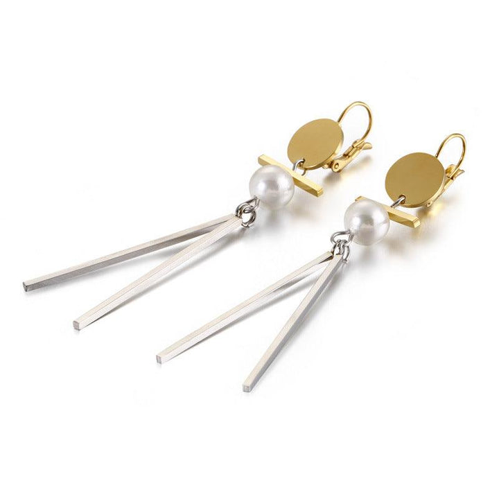 Stainless Steel Geometry Tassel Pearl Drop Earrings - kalen