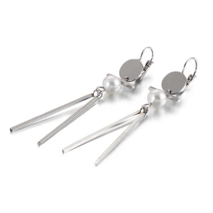 Stainless Steel Geometry Tassel Pearl Drop Earrings - kalen