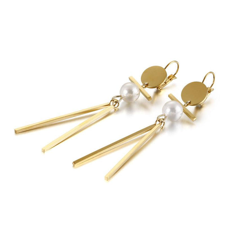 Stainless Steel Geometry Tassel Pearl Drop Earrings - kalen