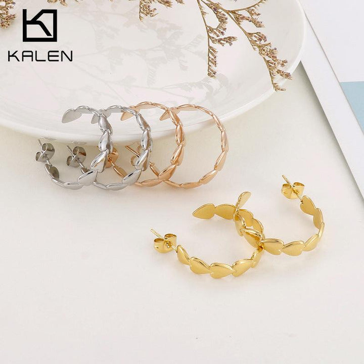 Stainless Steel Heart Chain C-Shape Stub Earrings - kalen