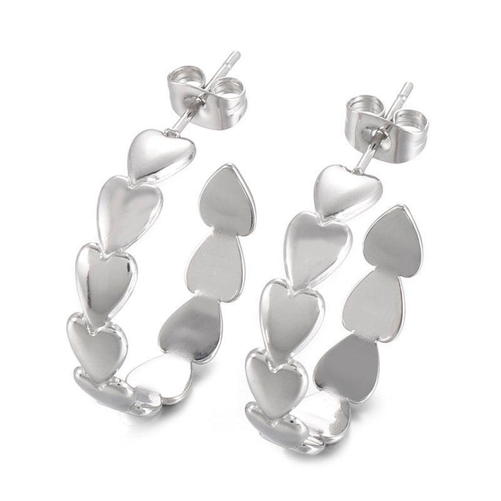 Stainless Steel Heart Chain C-Shape Stub Earrings - kalen