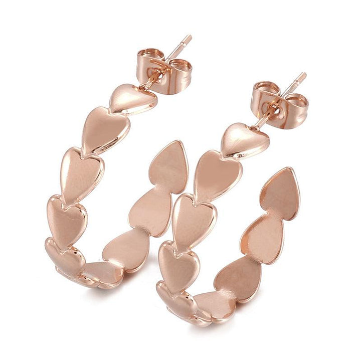 Stainless Steel Heart Chain C-Shape Stub Earrings - kalen