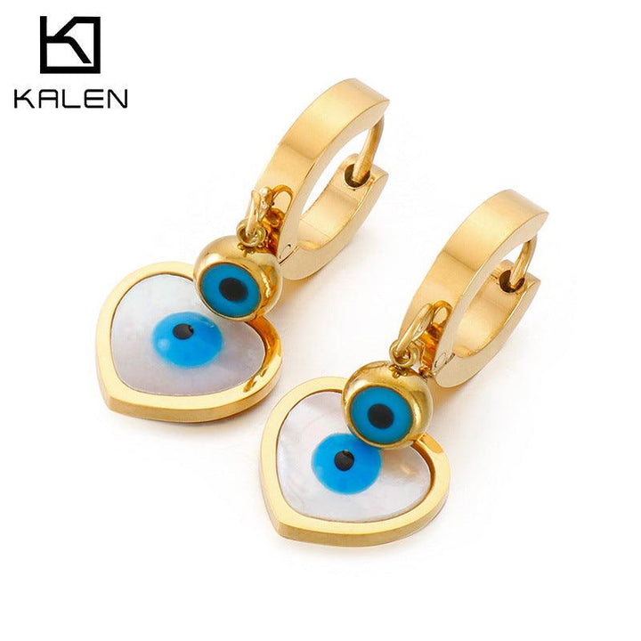 Stainless Steel Heart Enamel Evil Eye Drop Earrings - kalen