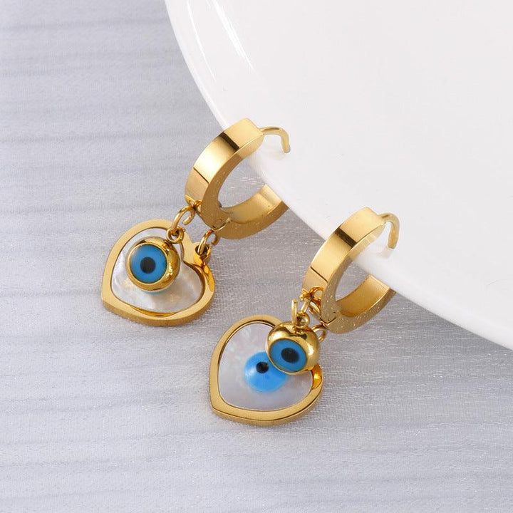 Stainless Steel Heart Enamel Evil Eye Drop Earrings - kalen