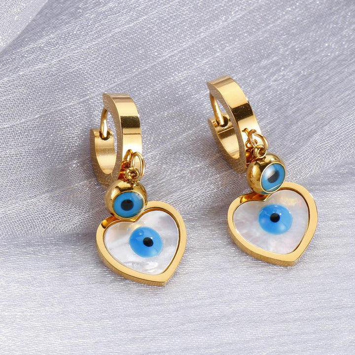 Stainless Steel Heart Enamel Evil Eye Drop Earrings - kalen