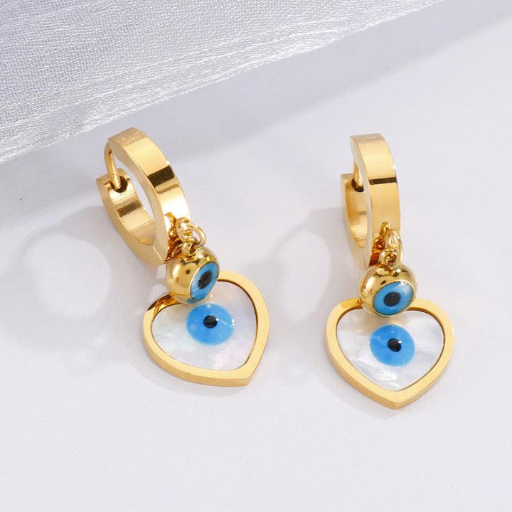 Stainless Steel Heart Enamel Evil Eye Drop Earrings - kalen