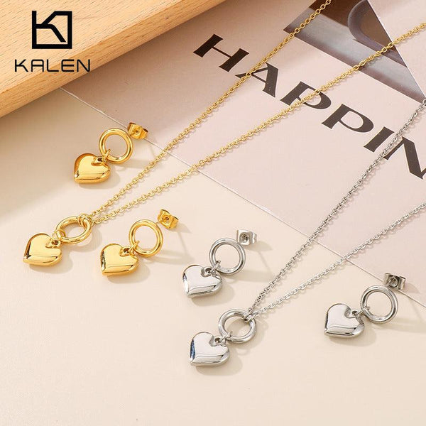 Stainless Steel Heart Hoop Earrings Heart Charm Pendant Necklace set - kalen
