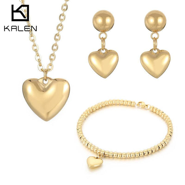 Stainless Steel Heart Stub Earrings Heart Charm Bead Chainn Bracelet Pendant Necklace set - kalen