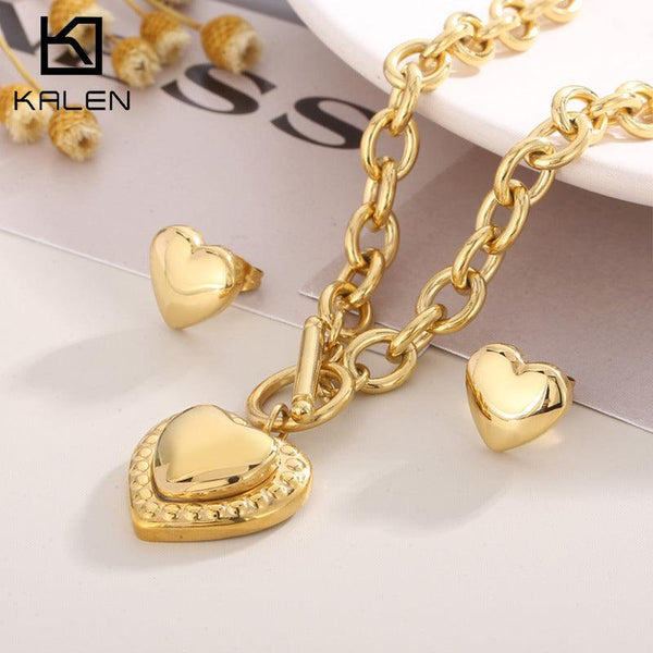 Stainless Steel Heart Stub Earrings Heart Charm Pendant Necklace Set - kalen
