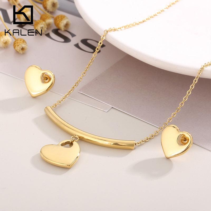 Stainless Steel Heart Stub Earrings Heart Charm Pendant Necklace set - kalen