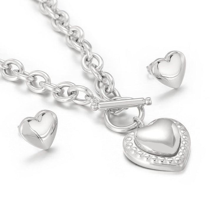 Stainless Steel Heart Stub Earrings Heart Charm Pendant Necklace Set - kalen