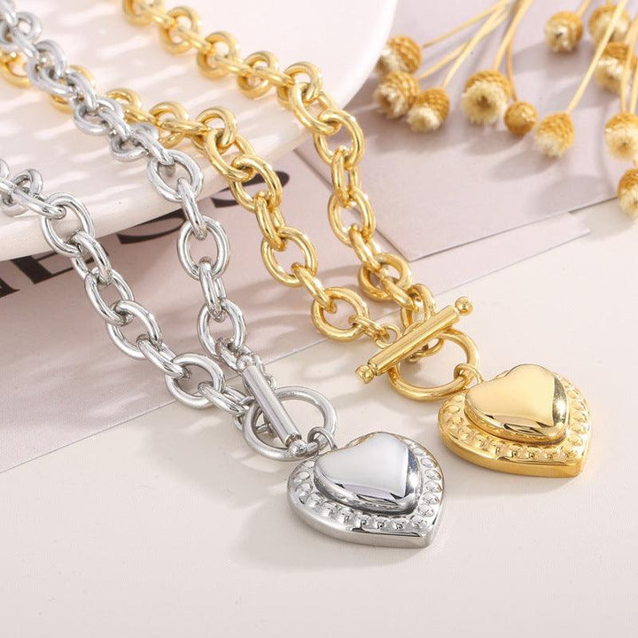 Stainless Steel Heart Stub Earrings Heart Charm Pendant Necklace Set - kalen