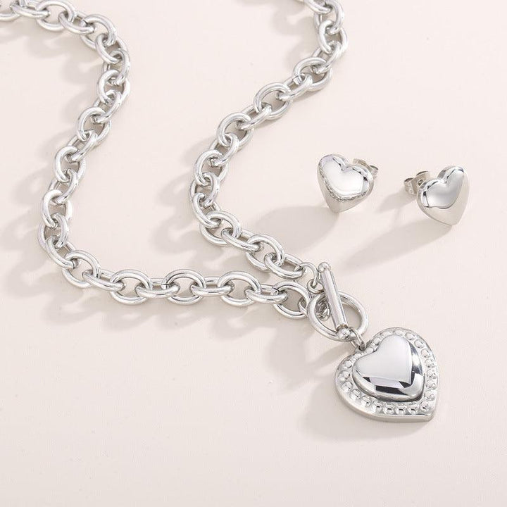 Stainless Steel Heart Stub Earrings Heart Charm Pendant Necklace Set - kalen