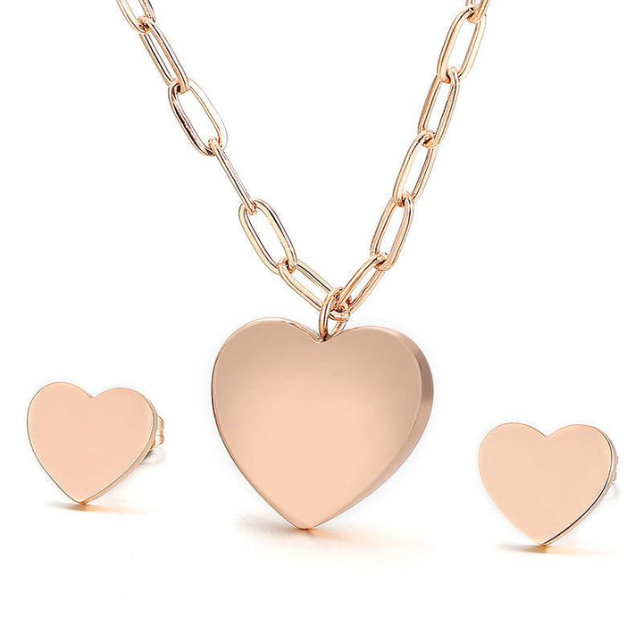 Stainless Steel Heart Stub Earrings Heart Charm Pendant Necklace Set - kalen