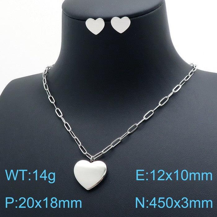 Stainless Steel Heart Stub Earrings Heart Charm Pendant Necklace Set - kalen