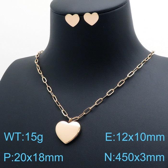 Stainless Steel Heart Stub Earrings Heart Charm Pendant Necklace Set - kalen