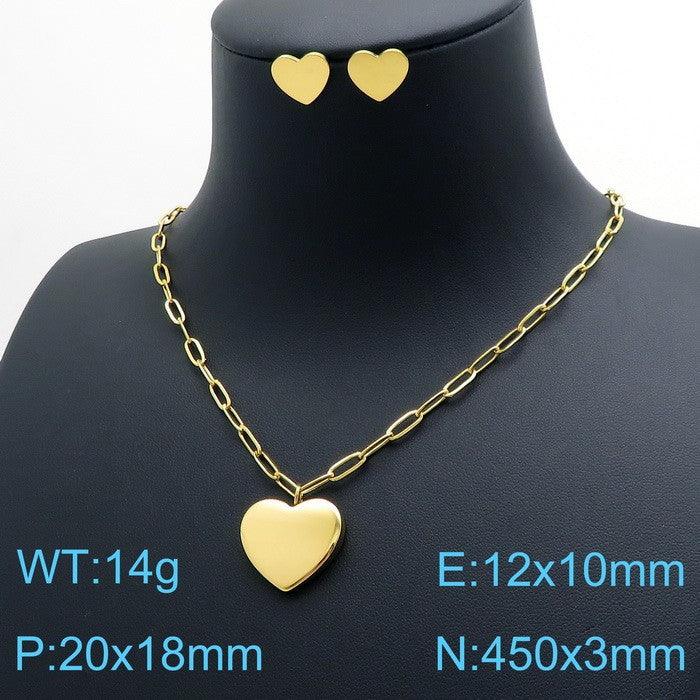 Stainless Steel Heart Stub Earrings Heart Charm Pendant Necklace Set - kalen