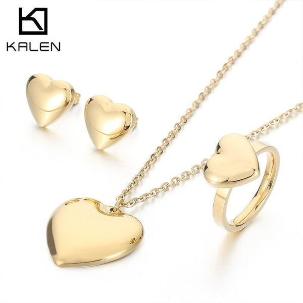Stainless Steel Heart Stub Earrings Heart Charm Ring Pendant Necklace set - kalen