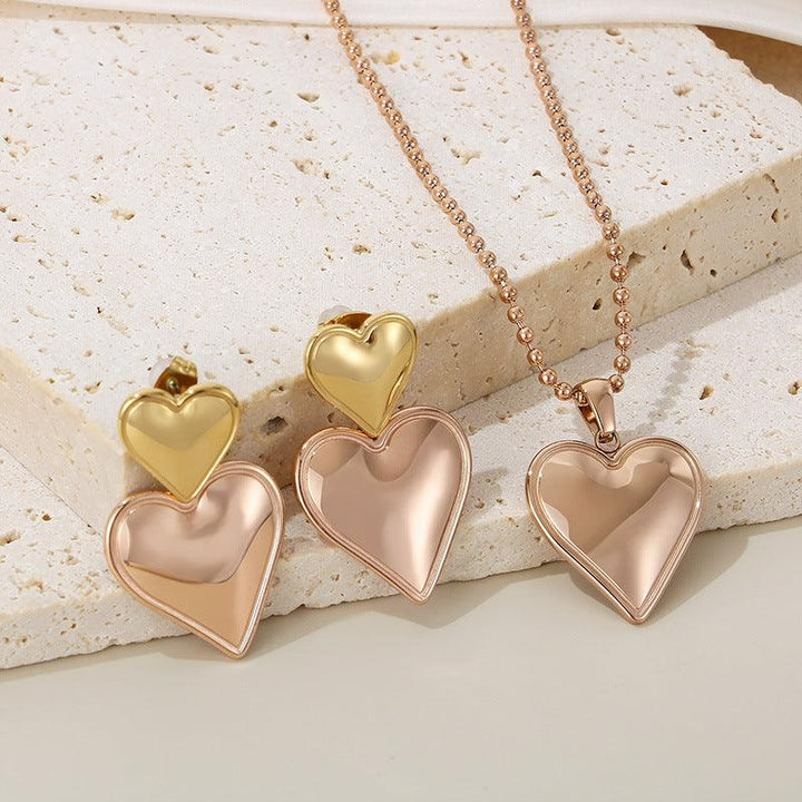 Stainless Steel Heart Stub Earrings Heart Pendant Necklace set - kalen