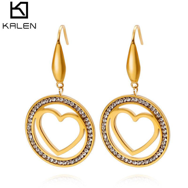 Stainless Steel Heart Zircon Drop Earrings - kalen