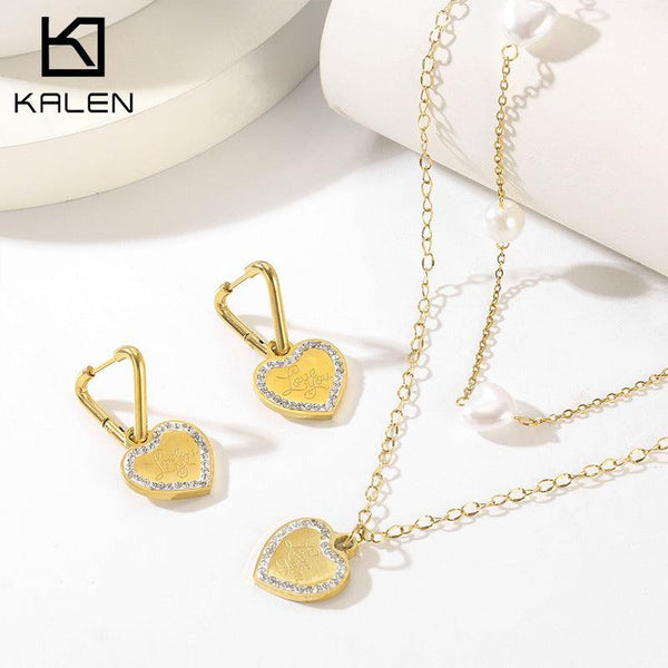Stainless Steel Heart Zircon Drop Earrings Pendant Necklace - kalen