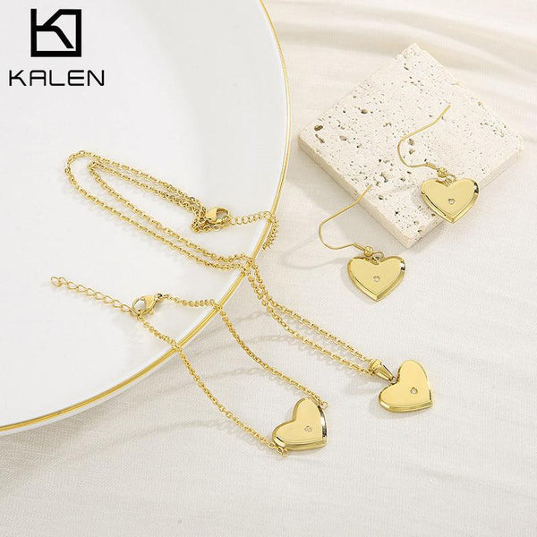 Stainless Steel Heart Zircon Drop Earrings Pendant Necklace - kalen