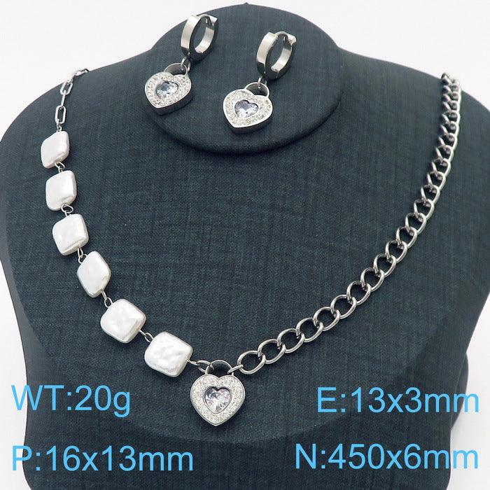 Stainless Steel Heart Zircon Pearl Drop Earrings Pendant Necklace - kalen