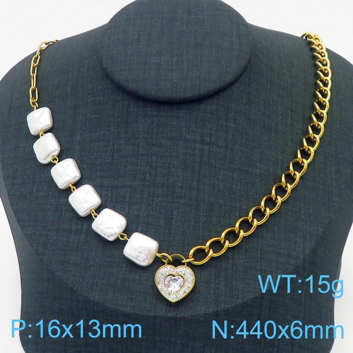 Stainless Steel Heart Zircon Pearl Drop Earrings Pendant Necklace - kalen
