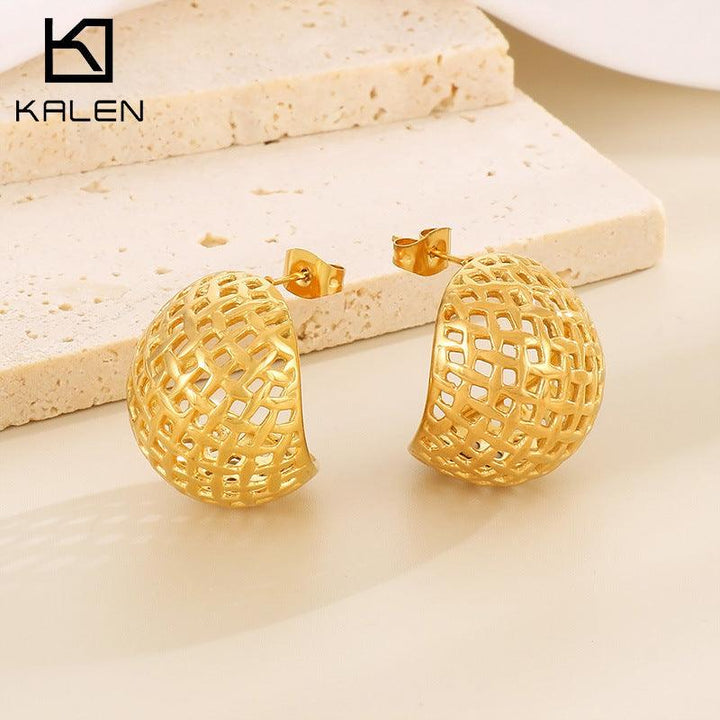 Stainless Steel Hollow Basket Stub Earrings - kalen