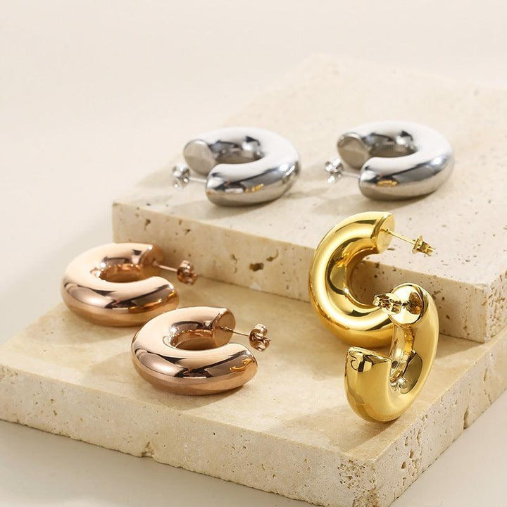 Stainless Steel Hollow C-Shape Stub Earrings - kalen