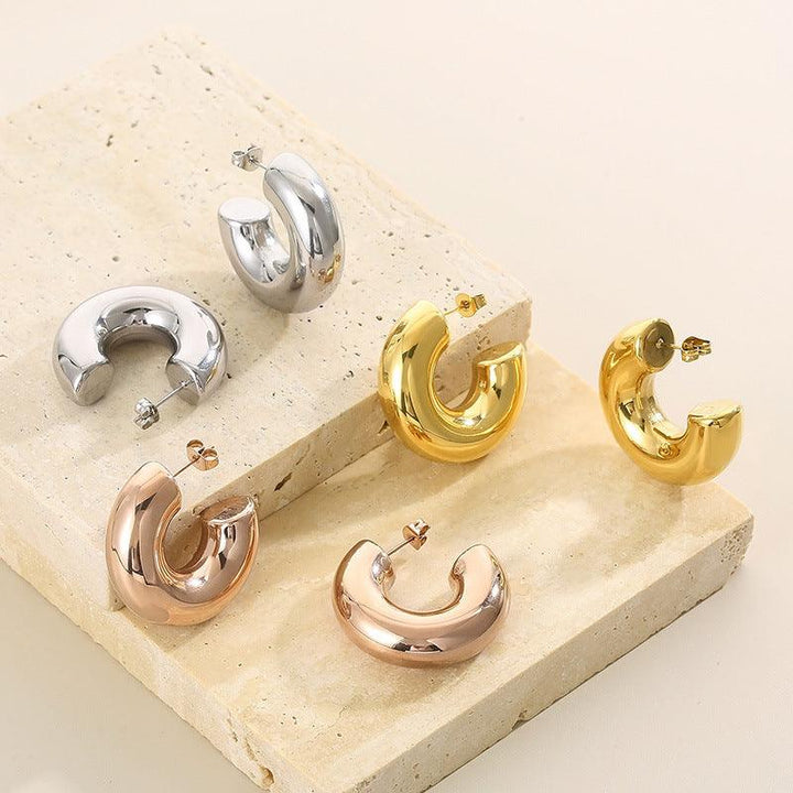 Stainless Steel Hollow C-Shape Stub Earrings - kalen