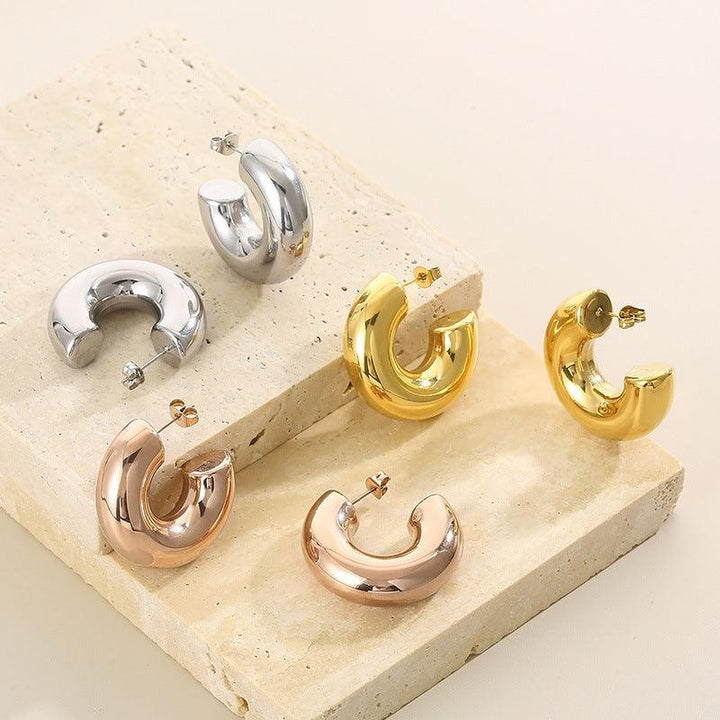 Stainless Steel Hollow C-Shape Stud Earrings - kalen