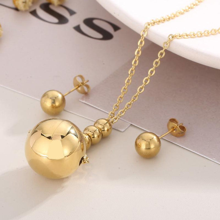 Stainless Steel Hollow Chunky Ball Stud Earrings Pendant Necklace Set For Women - kalen