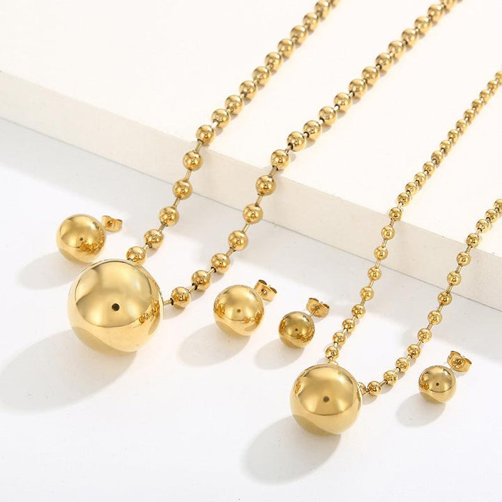 Stainless Steel Hollow Chunky Ball Stud Earrings Pendant Necklace Set For Women - kalen