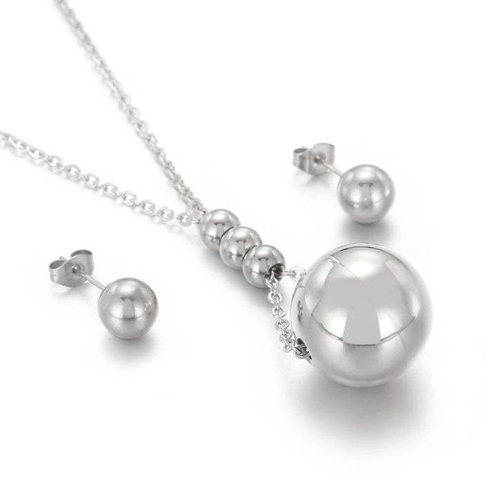 Stainless Steel Hollow Chunky Ball Stud Earrings Pendant Necklace Set For Women - kalen