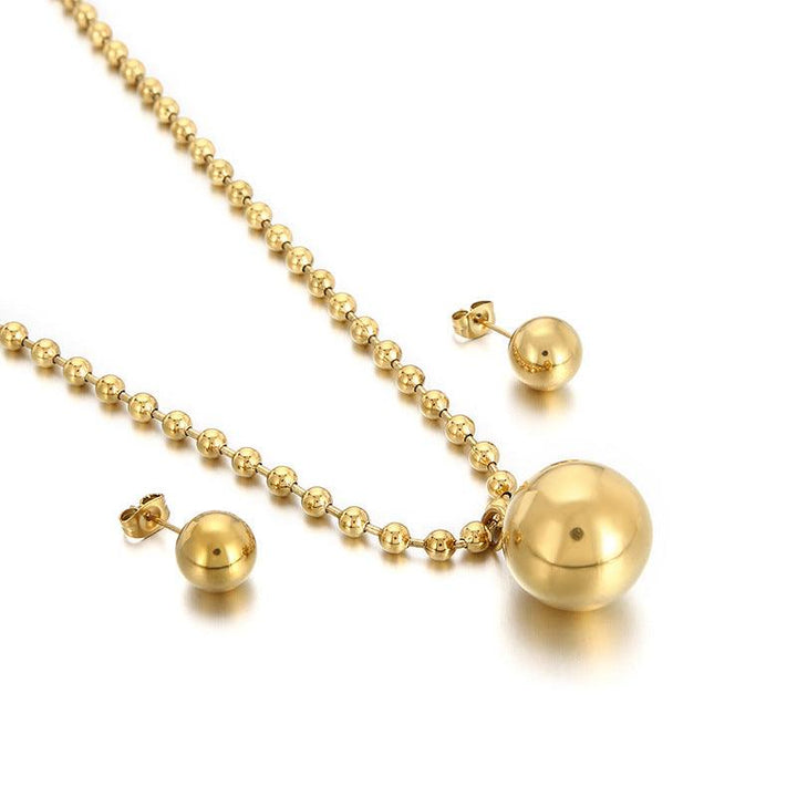 Stainless Steel Hollow Chunky Ball Stud Earrings Pendant Necklace Set For Women - kalen